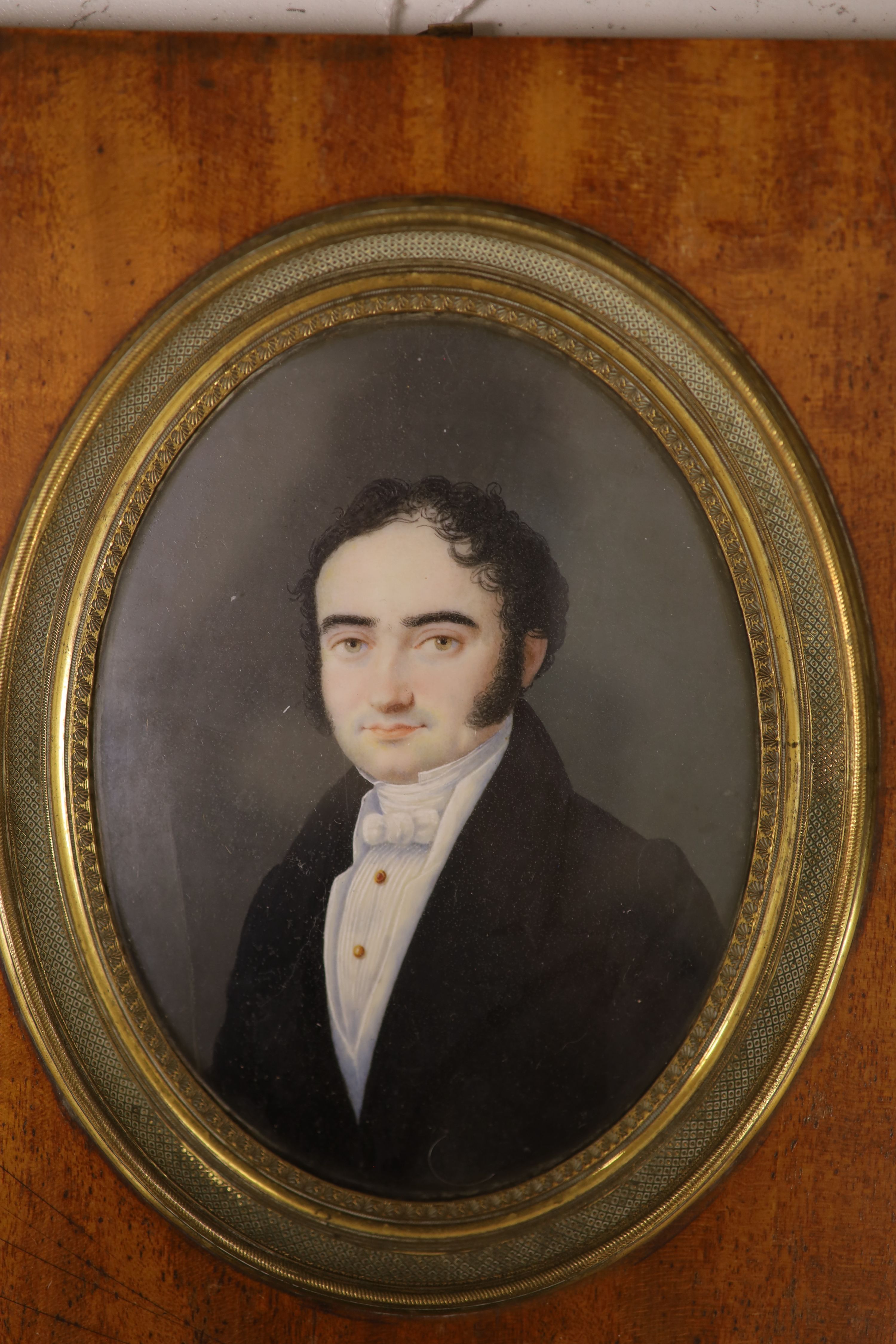 19th century French School, watercolour and gouache on ivory, Miniature portrait of a gentleman, 13 x 10cm (cracked)